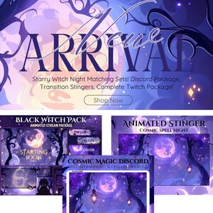 May include: A digital art advertisement with a purple and blue starry night theme. The word "ARRIVAL" is prominently displayed. The image promotes "Starry Witch Night Matching Sets" including Discord and Twitch packages. A "Shop Now" button is visible.