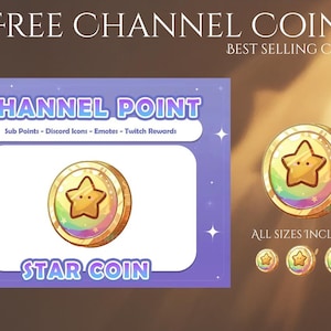 May include: An image promoting a "Channel Point Star Coin" with the text "Free Channel Coin" and "Best Selling Coin." The coin features a gold rim and a star design with rainbow accents. The image includes various sizes of the coin.