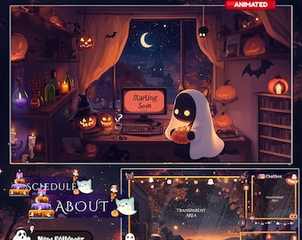Paquete de superposiciones de Twitch para Halloween, pantalla de Twitch / paquete de superposiciones animadas para transmisiones, superposición de gatos para Twitch / superposición linda para Twitch / Vtuber / superposición de estrellas