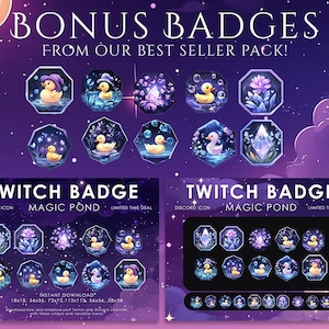 K&ouml;nnte beinhalten: Ein Set mit 18 Twitch- und Discord-Badges, die eine Cartoon-Ente in einem Teich mit verschiedenen magischen Elementen zeigen. Die Badges sind in verschiedenen Gr&ouml;&szlig;en erh&auml;ltlich, darunter 18x18, 36x36, 72x72, 112x112, 56x56 und 28x28 Pixel. Der Text "Twitch Badge" und "Magic Pond" ist auf dem Bild zu sehen.