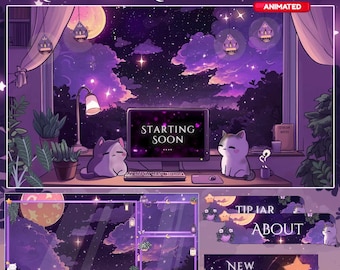 Magical Night Twitch Overlay, Twitch screen | Animated Overlay Stream Package, Cat Twitch | Cute Twitch Overlay | Aesthetic | star overlay