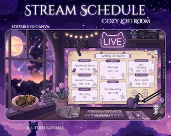 Lofi Cozy Room Stream Schedule Canva Template, Animated Cat Twitch Schedule, Starry Night Weekly Schedule, Cute VTuber Schedule Graphic