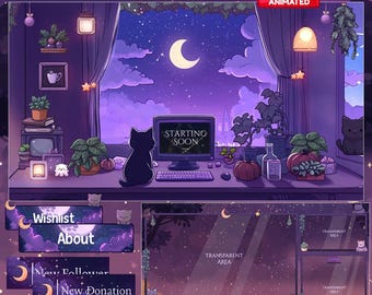 Magical Night Twitch Overlay, Twitch screen | Animated Overlay Stream Package, Cat Twitch | Cute Twitch Overlay | Aesthetic | star overlay