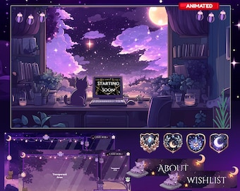 Magical Night Twitch Overlay, Twitch screen | Animated Overlay Stream Package, Cat Twitch | Cute Twitch Overlay | Aesthetic | star overlay