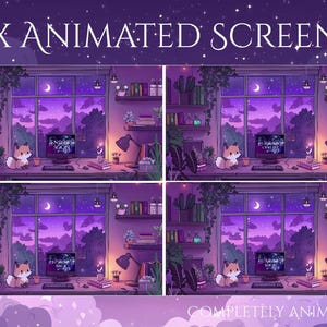 May include: Four animated screens featuring a cozy desk scene with a fox, computer, and plants. The background shows a purple night sky with a moon. Text at the top reads "4X ANIMATED SCREENS" and at the bottom "COMPLETELY ANIMATED".