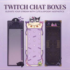 以下が含まれることがあります： 紫と黒を基調とした3つの縦型Twitchチャットボックス。左のボックスにはドクロ、クモの巣、黒猫が描かれています。中央のボックスは薄紫色の背景に幽霊、コウモリ、ドクロが描かれ、キャラクターが飾られています。右のボックスには装飾的な模様、魔法の薬の瓶、羽ペンが描かれています。
