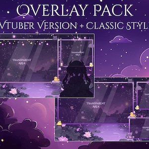 K&ouml;nnte beinhalten: Lila und wei&szlig;es Overlay-Paket zum Streamen mit einem Nachthimmel-Hintergrund, Sternen und einem Teich mit Seerosen. Der Text "OVERLAY PACK" und "VTUBER VERSION + CLASSIC STYLE" wird oben im Bild angezeigt. Das Overlay-Paket enth&auml;lt transparente Bereiche f&uuml;r Webcam, Chat und andere Elemente.