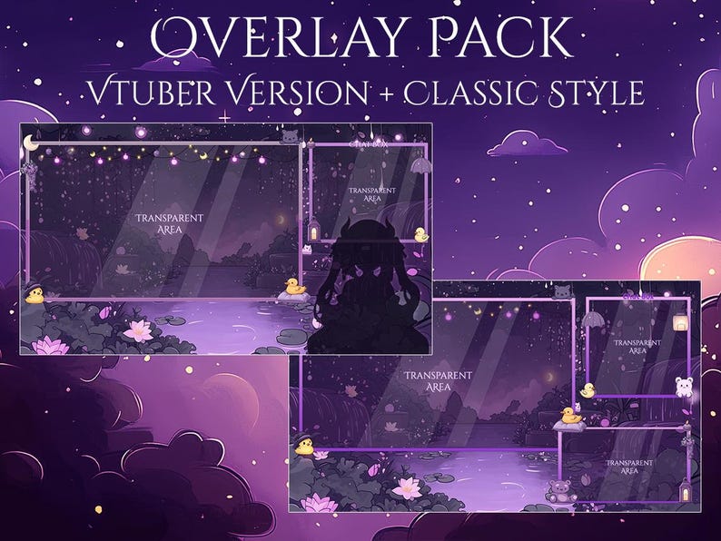 K&ouml;nnte beinhalten: Lila und wei&szlig;es Overlay-Paket zum Streamen mit einem Nachthimmel-Hintergrund, Sternen und einem Teich mit Seerosen. Der Text "OVERLAY PACK" und "VTUBER VERSION + CLASSIC STYLE" wird oben im Bild angezeigt. Das Overlay-Paket enth&auml;lt transparente Bereiche f&uuml;r Webcam, Chat und andere Elemente.