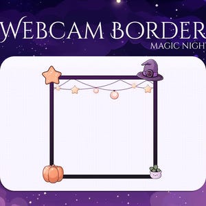 Può includere: Un design di bordo webcam digitale con uno sfondo di cielo notturno viola. Il bordo è un rettangolo bianco con una cornice nera, decorato con una stella, una zucca, un cappello da strega e luci a corda. Il testo recita "WEBCAM BORDER MAGIC NIGHT."