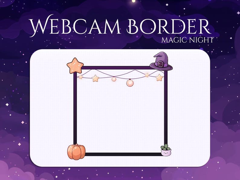 May include: A digital webcam border design with a purple night sky background. The border is a white rectangle with a black frame, decorated with a star, a pumpkin, a witch hat, and string lights. Text reads "WEBCAM BORDER MAGIC NIGHT."