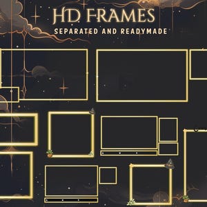 Puede incluir: Gráfico de arte digital con el texto "HD FRAMES SEPARATED AND READYMADE". La imagen presenta múltiples marcos rectangulares con contornos dorados sobre un fondo oscuro con elementos decorativos celestiales y temáticos de Halloween.