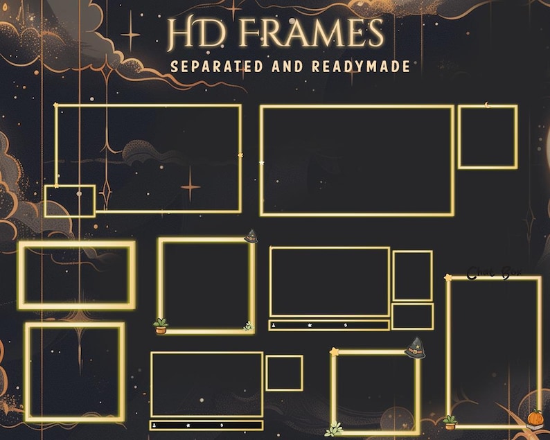 May include: A digital art graphic with the text "HD FRAMES SEPARATED AND READYMADE". The design features multiple gold-outlined rectangular frames on a dark background with decorative elements, including stars and clouds.