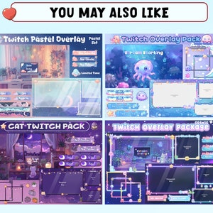 May include: Four different Twitch overlay packs with pastel colors and cute illustrations. The overlays include a cat, an octopus, and a moon. The text on the overlays includes "Twitch Pastel Overlay", "Twitch Overlay Pack", "CAT TWITCH PACK", and "TWITCH Overlay Package".