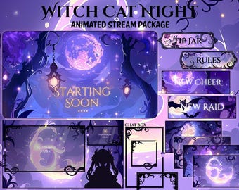 Black Witch Stream Package / Moon / Night / Dark / Cute / Overlay / Bats / Halloween / Twitch screen / Twitch Overlay Dark Night Animated
