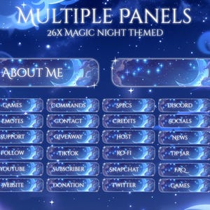 May include: A digital graphic with a night sky theme. The image features multiple panels with text such as "About Me", "Games", and "Website". The background is a dark blue with stars and clouds. The text "Multiple Panels" and "26x Magic Night Themed" are at the top.