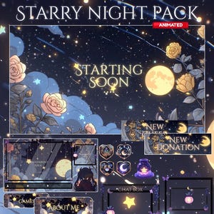 Może przedstawiać: Pakiet grafiki cyfrowej o tematyce gwiezdnej nocy. Obraz przedstawia ciemnoniebieskie tło z gwiazdami, pełnią księżyca i elementami kwiatowymi. Tekst zawiera "STARRY NIGHT PACK", "STARTING SOON", "GAMES" i "ABOUT ME". Dodatkowe elementy to animowana grafika i projekty okien czatu.