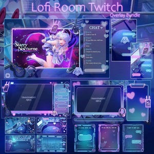 May include: A digital Lofi Room Twitch overlay bundle featuring purple and blue neon aesthetics. Includes chat boxes, transparent screen frames, and decorative elements like guitars, headphones, and heart icons. Text includes Lofi Room Twitch.