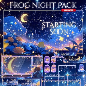 Op de afbeelding: Digitaal kunstontwerp met een nachthemelthema, met een halve maan, sterren en een kikker. De tekst "FROG NIGHT PACK" en "STARTING SOON" worden weergegeven. Bevat geanimeerde elementen en overlay-ontwerpen.
