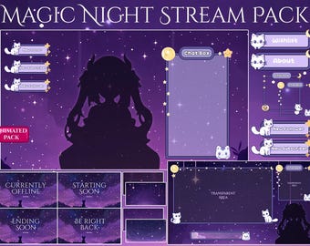 May include: Animated Twitch stream overlay pack with a purple night sky background, stars, and a silhouette of a girl with cat ears. The pack includes panels for chat, starting soon, ending soon, be right back, currently offline, new follower, new subscriber, wishlist, and about.