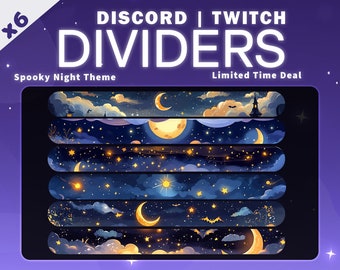 May include: Six spooky night themed Discord and Twitch dividers featuring a crescent moon, stars, and clouds against a dark blue background.  Limited time deal.