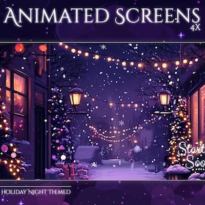 Op de afbeelding: Geanimeerde schermen met een kerstnachtthema. De afbeelding toont een besneeuwde straat met gebouwen, kerstbomen en lichtslingers. De tekst "Animated Screens" en "Starting Soon" zijn zichtbaar.