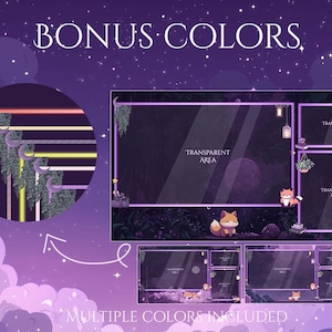 May include: Digital overlay design with a purple and black theme, featuring a fox illustration, crescent moons, and the text "BONUS COLORS" and "MULTIPLE COLORS INCLUDED". The design includes transparent areas for streaming.