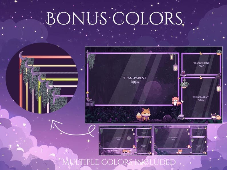May include: Digital overlay design with a purple and black theme, featuring a fox illustration, crescent moons, and the text "BONUS COLORS" and "MULTIPLE COLORS INCLUDED". The design includes transparent areas for streaming.