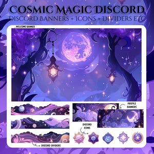 May include: A digital art design featuring a cosmic theme with a purple and blue color palette. The image includes a welcome banner, profile banners, Discord icons, and dividers. The design showcases a full moon, stars, and stylized trees, with the text "COSMIC MAGIC DISCORD".