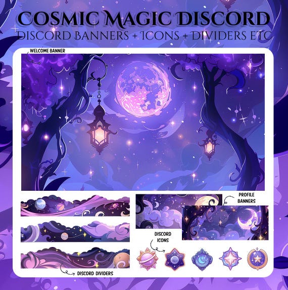 Witch Cosmic Discord Pack | Moon Magic Night | Dark Aesthetic Server Kit | Crescent Moon | Spooky Bats | Cosmic Sky | Purple Discord Package