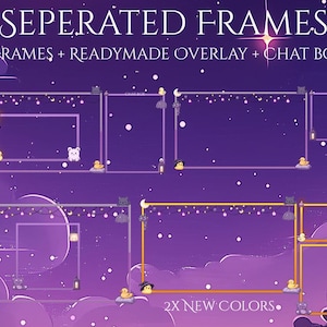 K&ouml;nnte beinhalten: Lila und goldene Twitch-Stream-Overlay-Rahmen mit einem sternenklaren Nachthimmel als Hintergrund. Die Rahmen beinhalten eine Chatbox, ein vorgefertigtes Overlay und einen Platz f&uuml;r eine Webcam. Der Text "SEPERATED FRAMES" und "2X NEW COLORS" ist im Bild enthalten.