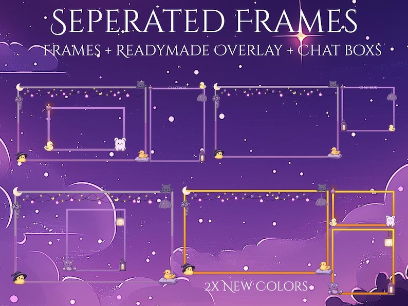 K&ouml;nnte beinhalten: Lila und goldene Twitch-Stream-Overlay-Rahmen mit einem sternenklaren Nachthimmel als Hintergrund. Die Rahmen beinhalten eine Chatbox, ein vorgefertigtes Overlay und einen Platz f&uuml;r eine Webcam. Der Text "SEPERATED FRAMES" und "2X NEW COLORS" ist im Bild enthalten.