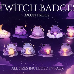 Peut inclure: Illustration numérique de badges Twitch sur le thème céleste. Les badges présentent des grenouilles de dessin animé dans diverses poses, entourées de lunes, de nuages et d'étoiles. La palette de couleurs comprend des nuances de violet, de blanc et d'or.