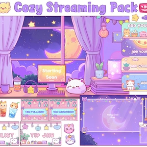 Animated Cozy Twitch Pack | Lofi | Purple twitch overlay | Cat | Gaming | Cute | Pixel Art | Cozy Stream Overlay | Twitch overlay