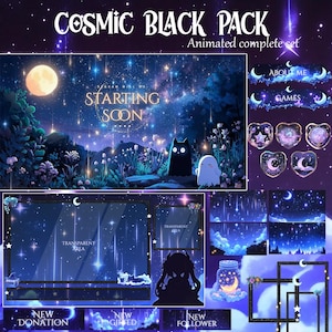 May include: Cosmic Black Pack animated complete set with a night sky theme. Includes overlay screens, panels, and badges. Features a moon, stars, and a forest scene with a black cat and ghost. Text includes "Starting Soon".