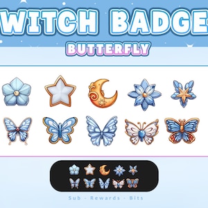 Peut inclure: Graphique numérique de badges Twitch sur le thème du papillon. Les badges comprennent des fleurs, des étoiles et des papillons en bleu, or et blanc. Le texte "TWITCH BADGES BUTTERFLY" est affiché en haut. Le mot "Sub - Rewards - Bits" est en bas.