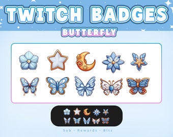 Puede incluir: Gráfico digital de insignias de Twitch con temática de mariposas. Las insignias incluyen flores, estrellas y mariposas en tonos azules, dorados y blancos. El texto "TWITCH BADGES BUTTERFLY" se muestra en la parte superior.
