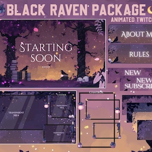 Pacote de transmissão Black Raven / Lua / Corvo / Roxo / Livros / Sobreposição / Pássaro / Tela Twitch / Sobreposição Twitch / Bruxa | Aconchegante | Animado | Escuro