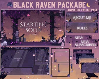 Black Raven Stream Package / Moon / Crow / Purple / Books / Overlay / Bird / Twitch screen / Twitch Overlay / Witch | Cozy | Animated | Dark