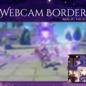 Puede incluir: Un borde de webcam morado y azul con el texto "Webcam Border Magic Night" en la parte superior. El borde presenta una imagen borrosa de una escena de videojuego con un personaje que lleva un sombrero de bruja morado y negro y una camisa blanca. El personaje est&aacute; de pie frente a un portal m&aacute;gico morado y azul.