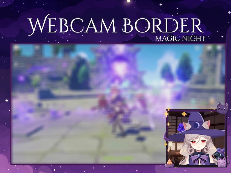 Puede incluir: Un borde de webcam morado y azul con el texto "Webcam Border Magic Night" en la parte superior. El borde presenta una imagen borrosa de una escena de videojuego con un personaje que lleva un sombrero de bruja morado y negro y una camisa blanca. El personaje est&aacute; de pie frente a un portal m&aacute;gico morado y azul.