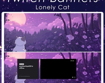 Lonely Cat Twitch Banner | Twitter | Discord | Youtube | Flowers | Magical Moon Night | Stars | Starry | Purple | Stream Banner | Forest