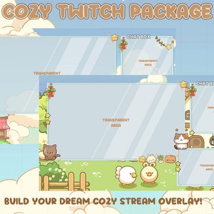 Op de afbeelding: Een digitaal kunstpakket voor Twitch-streamers, met een gezellig thema. Het ontwerp bevat transparante overlay-gebieden, chatboxen en decoratieve elementen zoals cartoonkatten, sterren en een klein huis. De tekst luidt "COZY TWITCH PACKAGE" en "BUILD YOUR DREAM COZY STREAM OVERLAY!"