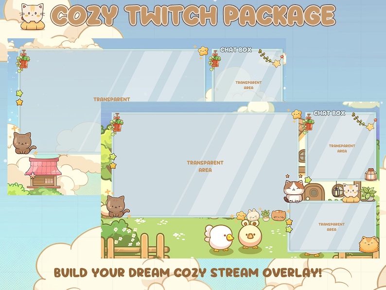 Op de afbeelding: Een digitaal kunstpakket voor Twitch-streamers, met een gezellig thema. Het ontwerp bevat transparante overlay-gebieden, chatboxen en decoratieve elementen zoals cartoonkatten, sterren en een klein huis. De tekst luidt "COZY TWITCH PACKAGE" en "BUILD YOUR DREAM COZY STREAM OVERLAY!"