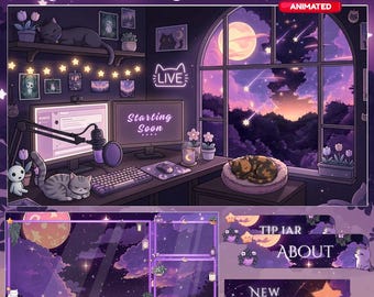 Lofi Cozy Room Twitch Overlay, Cat Stream Package, Starry Night Screens, Animated Overlay, Cute Aesthetic VTuber Setup