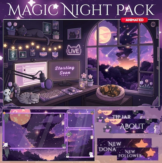 Lofi Cozy Room Twitch Overlay, Cat Stream Package, Starry Night Screens, Animated Overlay, Cute Aesthetic VTuber Setup
