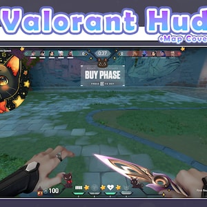 May include: A video game screen capture showing a first-person perspective of a player in the game Valorant. The player is holding a knife with a black cat design. The game's user interface is visible, including the timer, score, and buy phase. The text "BUY PHASE" is displayed on the screen.