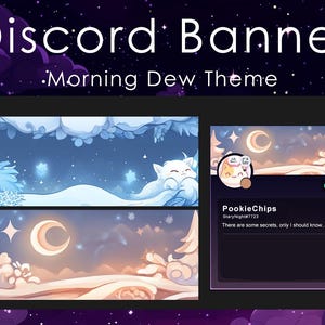 May include: Discord banner with a wintery theme. The banner features a snowy landscape with a crescent moon, stars, and a white cat. The text "Morning Dew Theme" is displayed above the banner. The banner also includes a profile picture of a cat with the text "PookieChips" and "There are some secrets, only I should know."