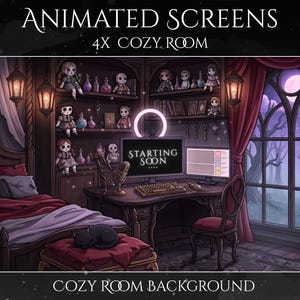 Può includere: Sfondo animato di una stanza accogliente con letto, scrivania e finestra. La stanza è decorata con bambole, bottiglie e uno schermo di computer con la scritta "Starting Soon". La tavolozza dei colori comprende rossi scuri, viola e marroni, creando un'atmosfera calda e invitante.