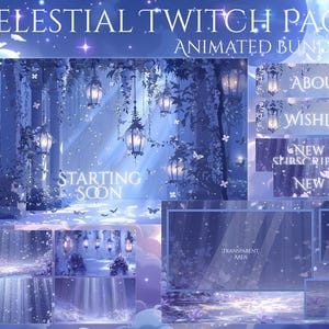 Puede incluir: Un paquete de arte digital con temática celestial, que presenta una escena de bosque de ensueño en tonos azules y morados. El diseño incluye superposiciones animadas, paneles con texto como "About" y "Wishlist", y una pantalla "Starting Soon". Mariposas y faroles.