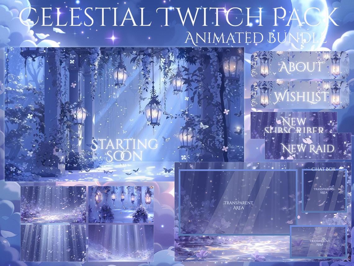 Celestial Twitch Pack / Blauw / Lantaarn / Leuk / Overlay / Magisch / Dromerig / Twitch-scherm / Twitch-overlay / Fee | Geanimeerd | Lantaarns